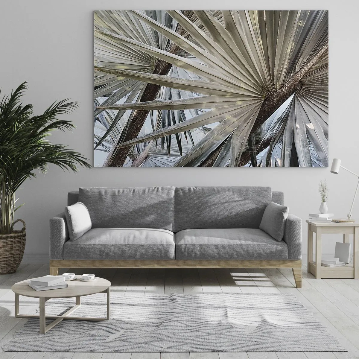 Glass picture - Palm leaves in bright daylight - 70x50cm - Fans in tropics - Modern wall decoration for the living room and bedroom ARTTOR