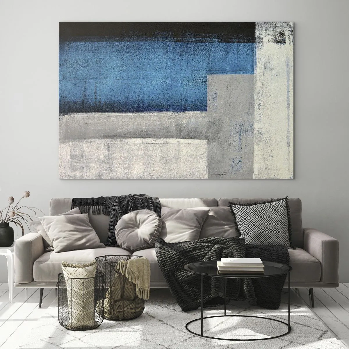 Glass picture - Geometric abstraction in blue, gray and white - 70x50cm - Poetic Composition of Blue and Grey - Modern wall decoration for the living room and bedroom ARTTOR