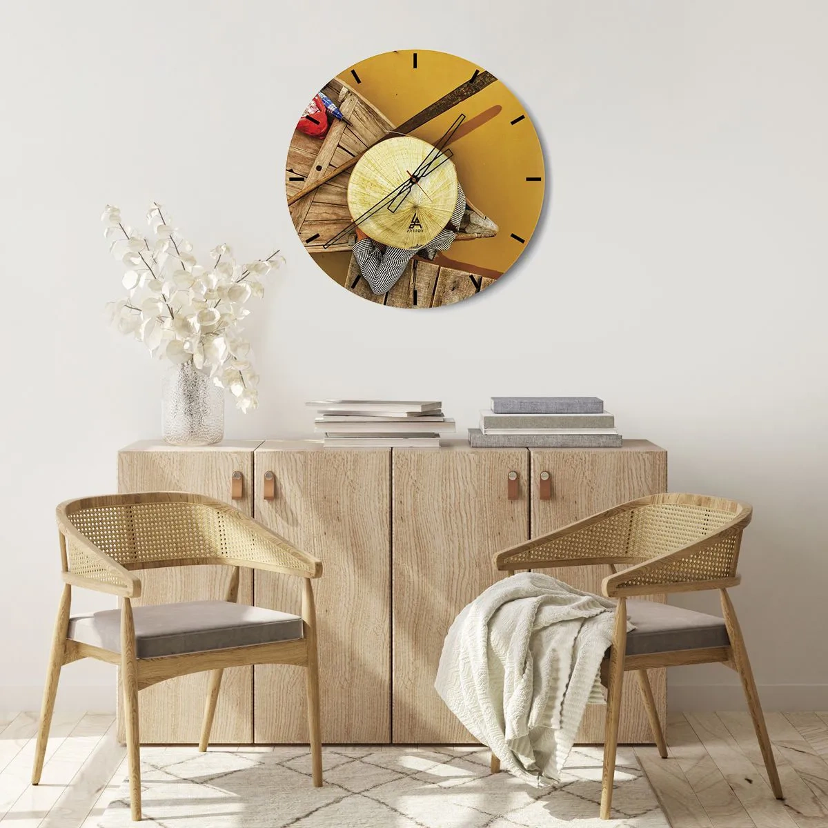 Wall clock - Clock on glass - Person in hat on wooden boat on yellow river - 30x30cm - Life on a Yellow River - Modern wall decoration for the living room, kitchen, and bedroom ARTTOR