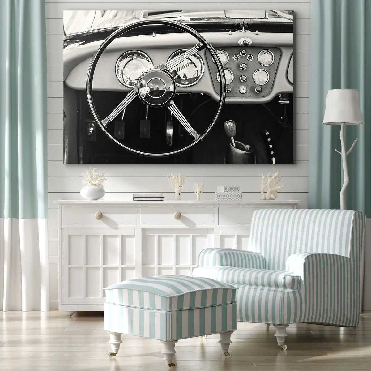 Canvas picture - Black and white classic car interior - 70x50cm - Collector's Dream - Modern wall decoration for the living room and bedroom ARTTOR