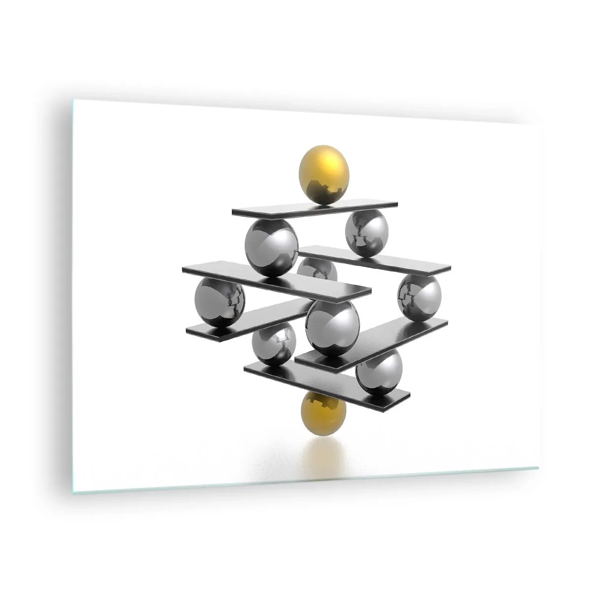 Glass picture - Geometric composition with balls and platforms on a white background - 70x50cm - Gold-Silver Balance - Modern wall decoration for the living room and bedroom ARTTOR