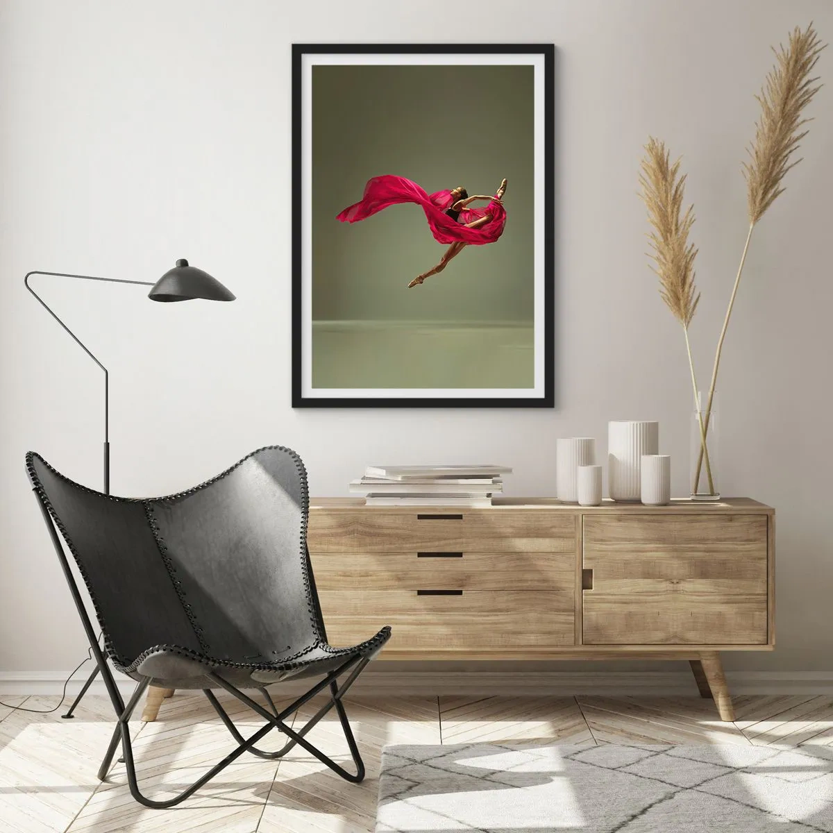 Poster in black frame - A ballerina in red fabric performs a dynamic jump. - 50x70cm - Dancing Flame - Modern wall decoration for the living room and bedroom ARTTOR