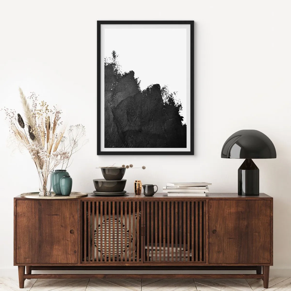 Poster in black frame - Minimalist abstraction with a black accent on a white background - 50x70cm - Elements: Earth - Modern wall decoration for the living room and bedroom ARTTOR