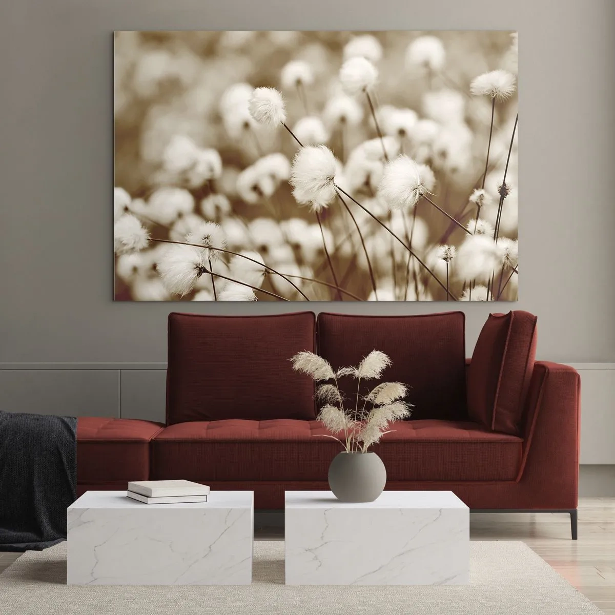 Glass picture - A field of fluffy grass in shades of sepia - 70x50cm - Fluffy field - Modern wall decoration for the living room and bedroom ARTTOR