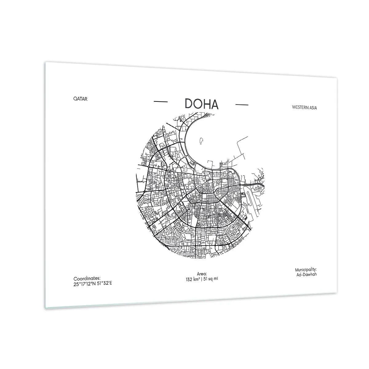 Glass picture - A graphic map of Doha in a black and white minimalist style. - 70x50cm - Anatomy of Doha - Modern wall decoration for the living room and bedroom ARTTOR