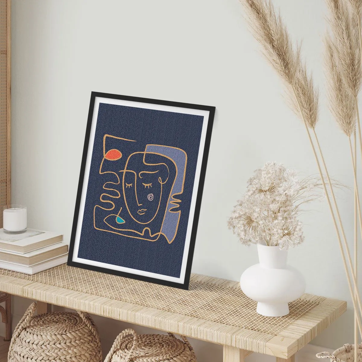 Poster in black frame - Minimalist abstract face on a navy blue background in line art style - 50x70cm - Deeply In Thoughts - Modern wall decoration for the living room and bedroom ARTTOR