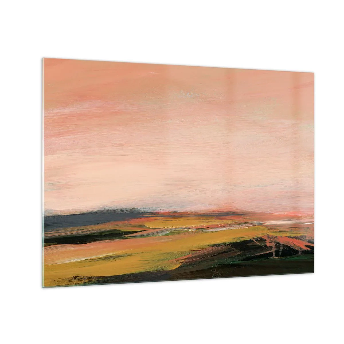 Glass picture - An abstract landscape in shades of pink and off-green. - 70x50cm - In Pink Tones - Modern wall decoration for the living room and bedroom ARTTOR