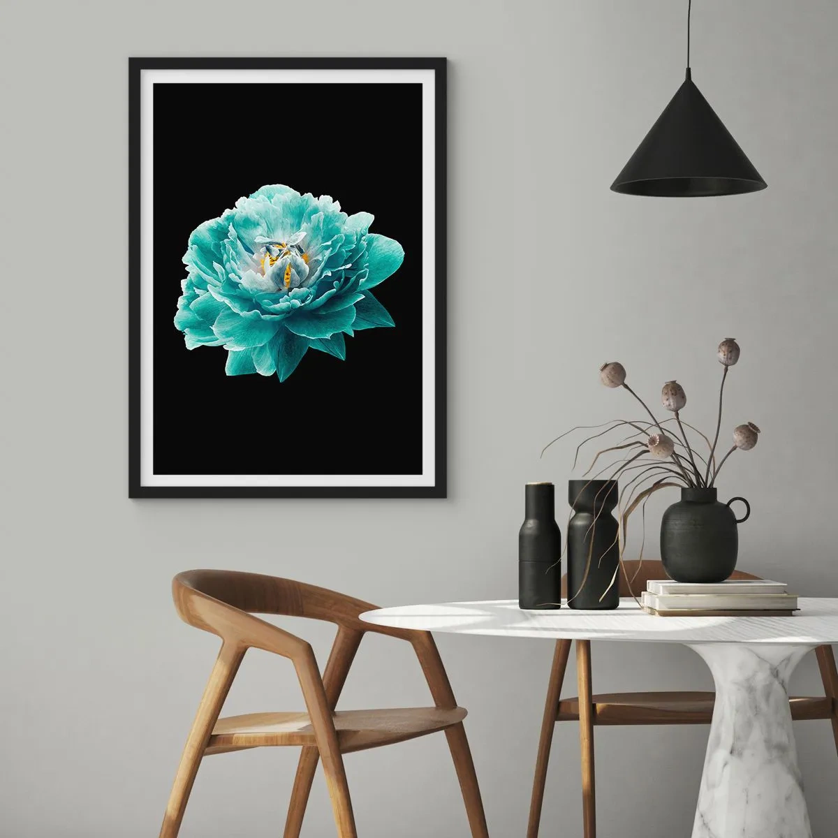 Poster in black frame - Turquoise flower with a bee on a black background - 50x70cm - Blue and Gold Petals - Modern wall decoration for the living room and bedroom ARTTOR