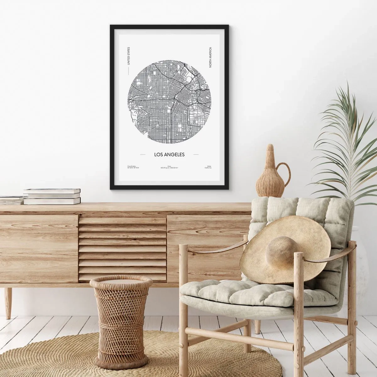 Poster in black frame - A minimalist map of Los Angeles in black and white. - 50x70cm - Anatomy of Los Angeles - Modern wall decoration for the living room and bedroom ARTTOR