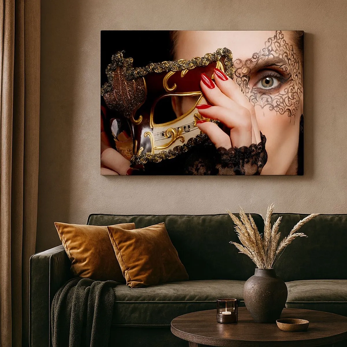 Canvas picture - A woman wearing a Venetian mask decorated with gold and lace. - 70x50cm - My World Is Baroque - Modern wall decoration for the living room and bedroom ARTTOR
