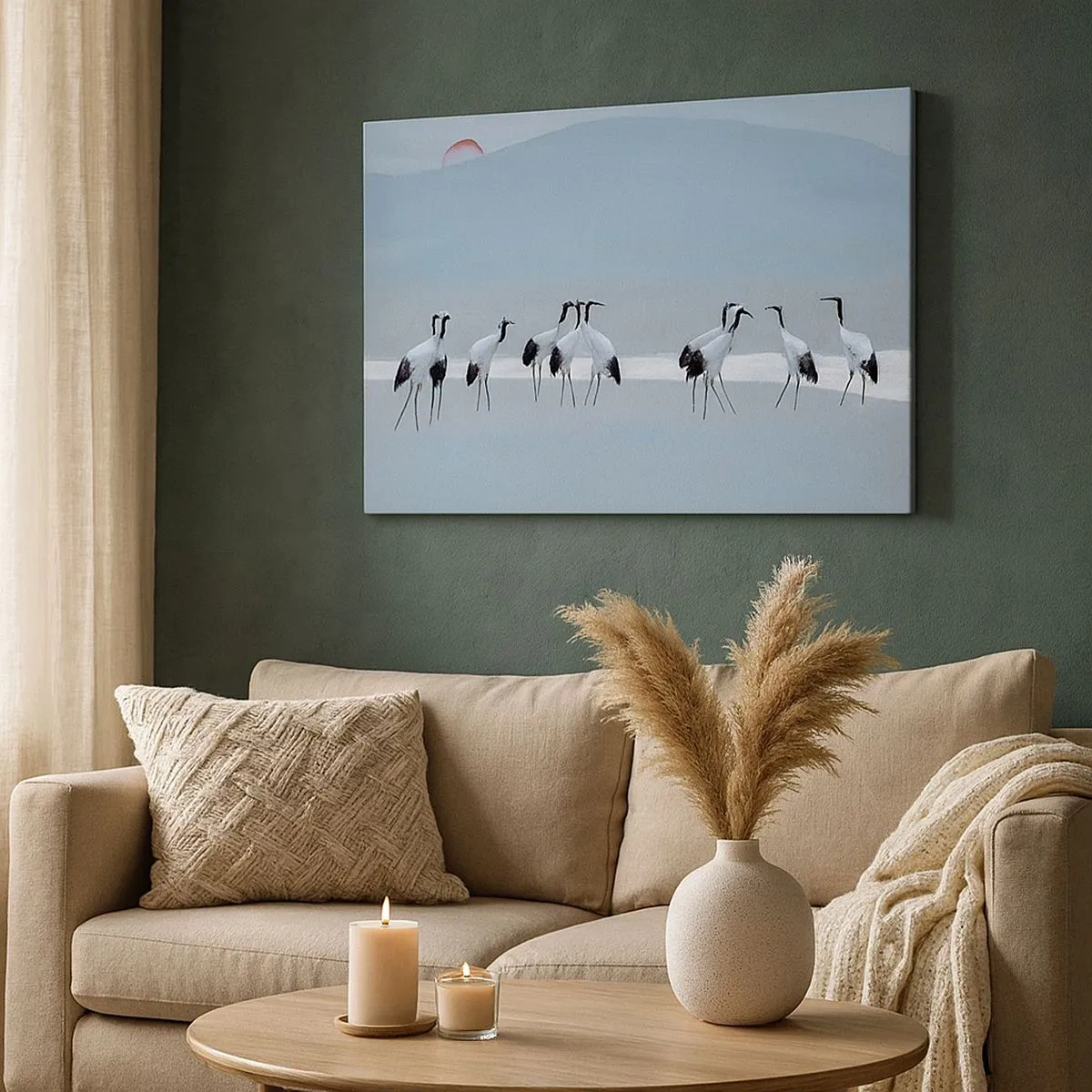 Canvas picture - A group of cranes against a blue sky and the rising sun - 70x50cm - After a Hot Day - Modern wall decoration for the living room and bedroom ARTTOR
