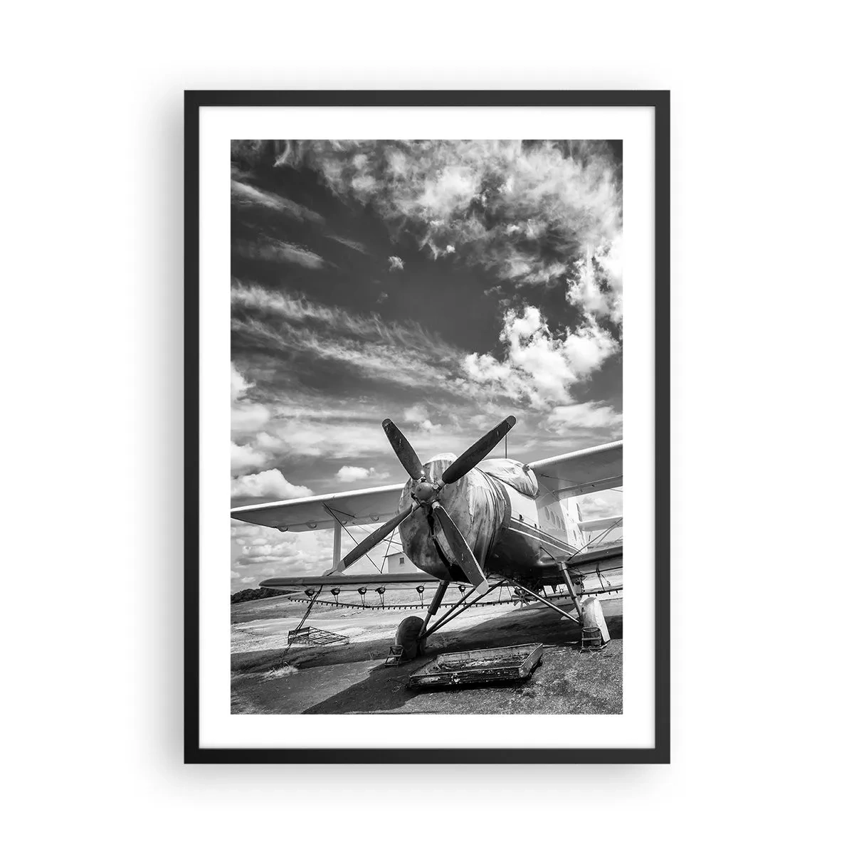Poster in black frame - Black and white photo of a retro airplane against the sky - 50x70cm - I Can't Wait! - Modern wall decoration for the living room and bedroom ARTTOR