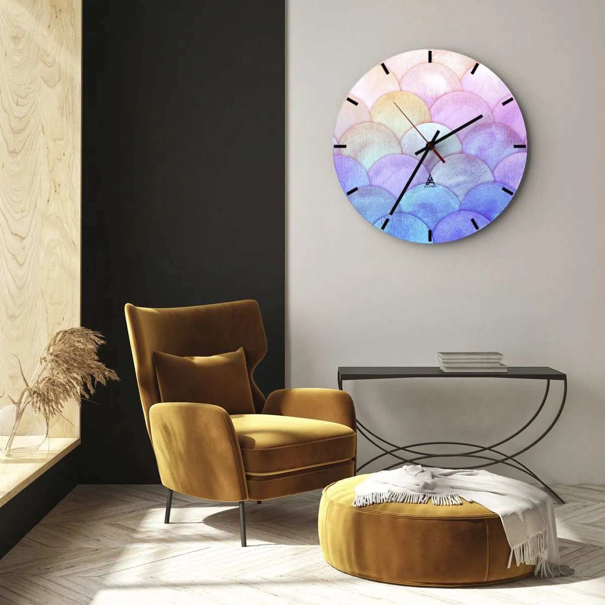 Wall clock - Clock on glass - Semi-circular pastel scales in shades of pink, purple and blue - 30x30cm - Pearl Scale - Modern wall decoration for the living room, kitchen, and bedroom ARTTOR