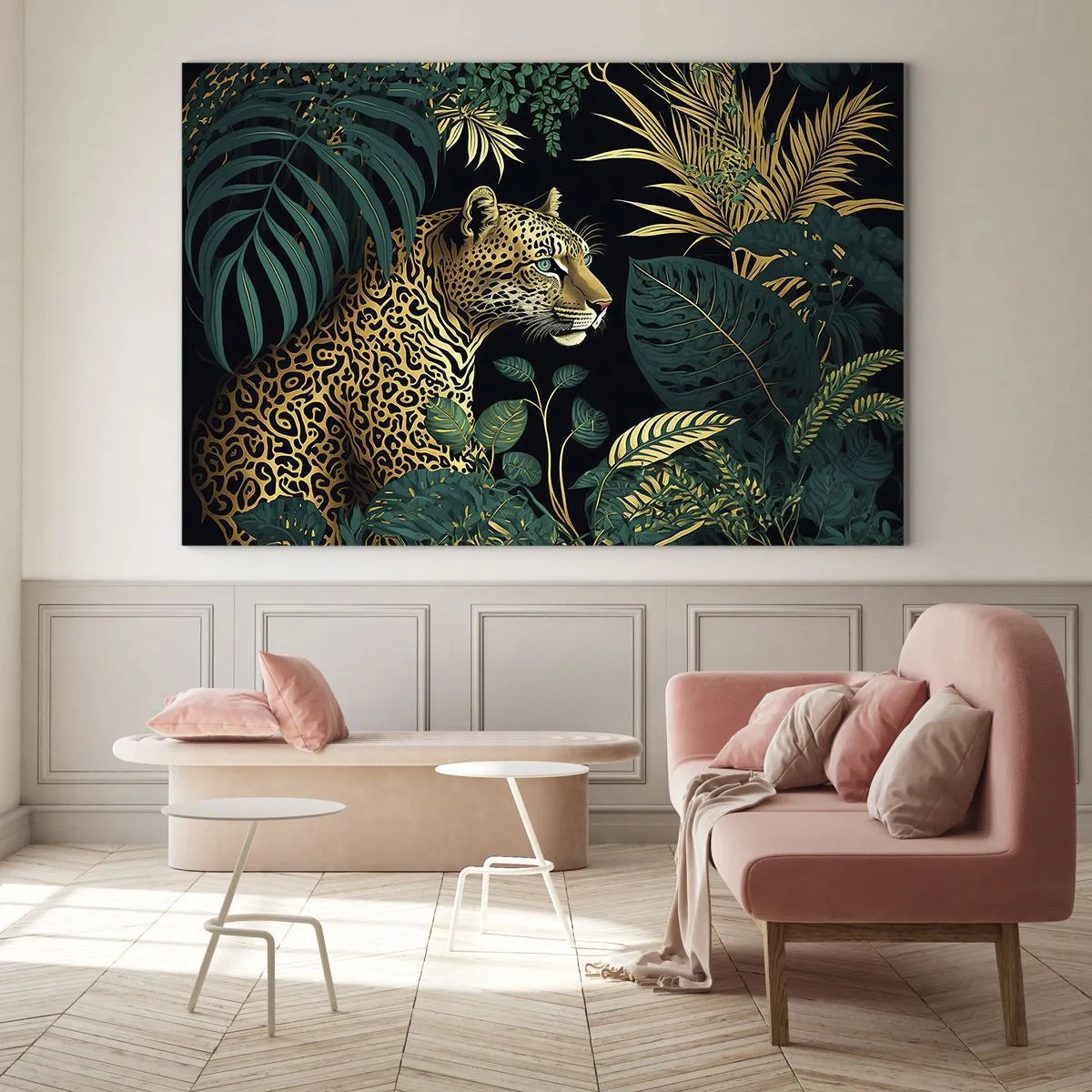 Glass picture - A leopard among tropical leaves on a dark background - 70x50cm - Host in the Jungle - Modern wall decoration for the living room and bedroom ARTTOR
