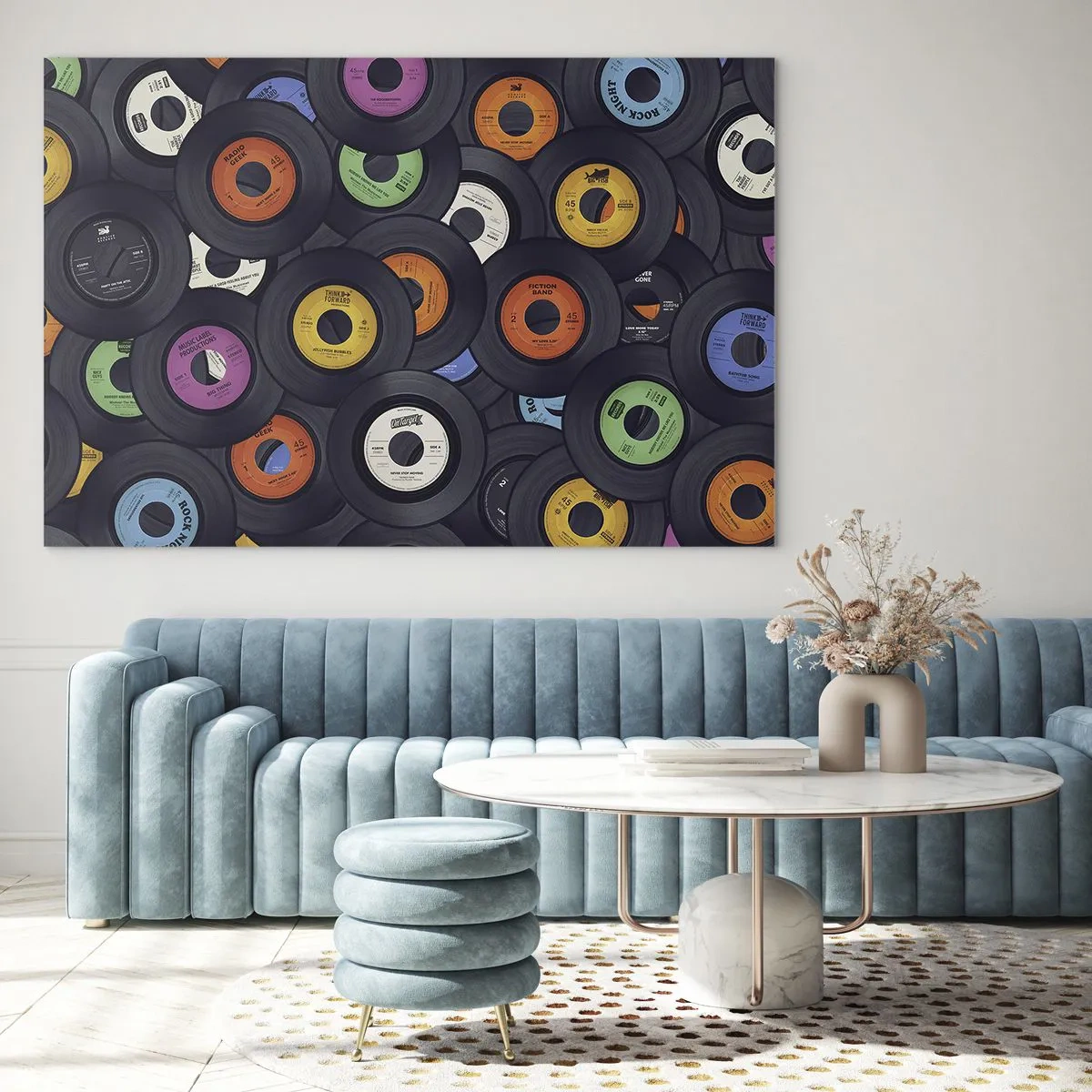 Glass picture - Colorful vinyl records on a black background - 70x50cm - Colours of Classics - Modern wall decoration for the living room and bedroom ARTTOR