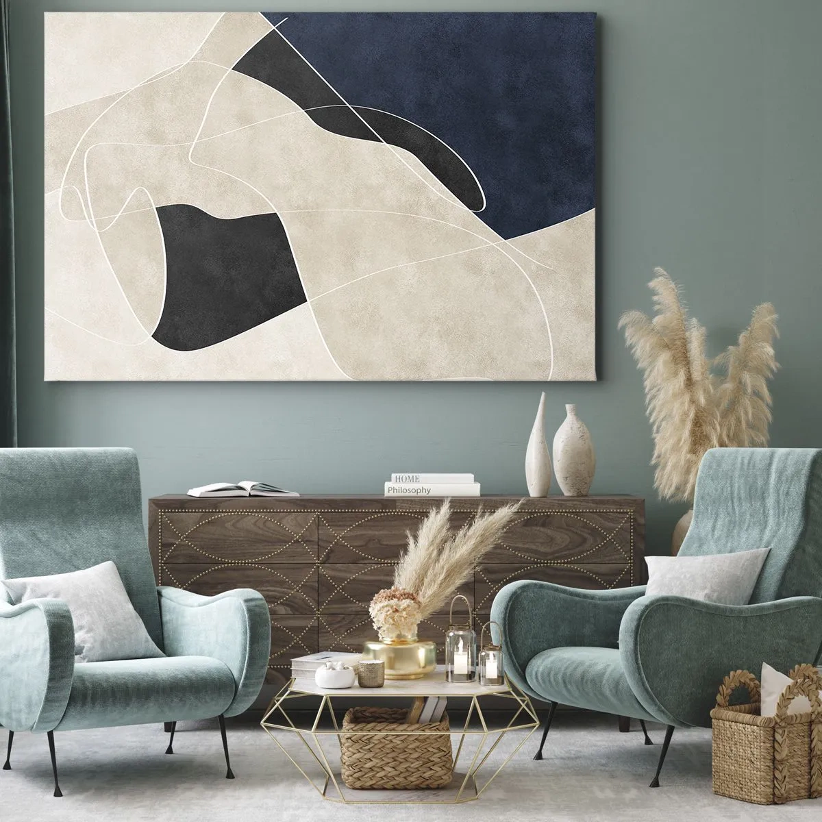 Canvas picture - Geometric abstraction in shades of beige and navy blue - 70x50cm - Abstract Composition - Contrast of Colours - Modern wall decoration for the living room and bedroom ARTTOR