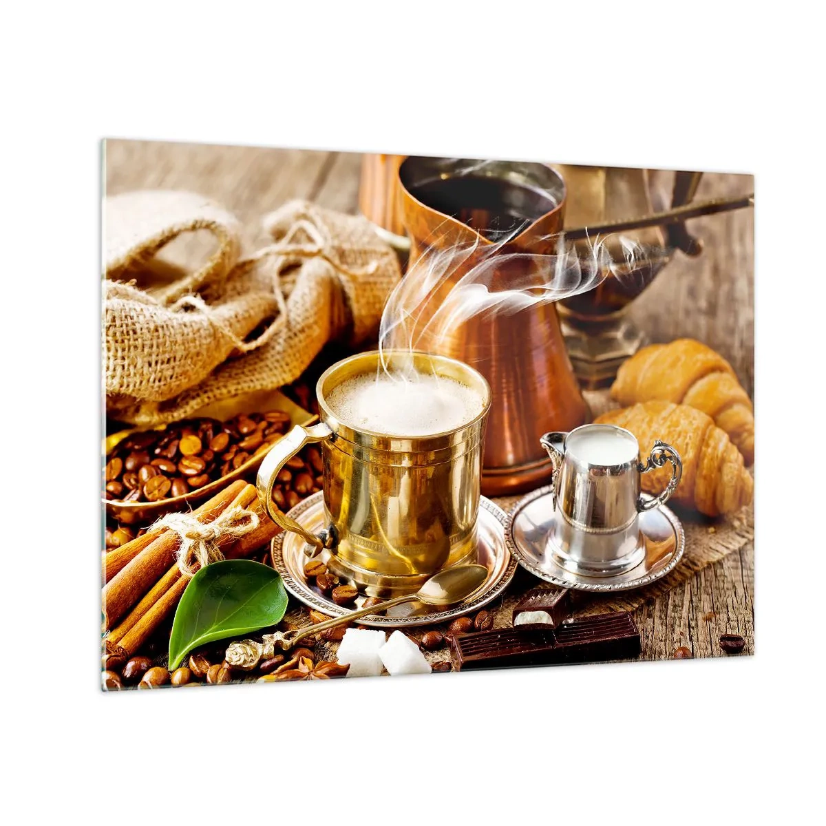 Glass picture - A golden mug of coffee with milk surrounded by grains and croissants - 70x50cm - Have a Nice Day! - Modern wall decoration for the living room and bedroom ARTTOR