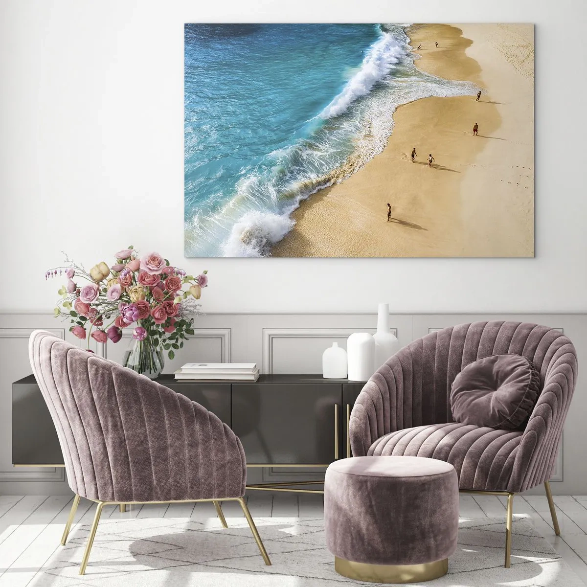 Glass picture - A golden beach with turquoise water and people walking along the shore - 70x50cm - And Next the Sun, Beach… - Modern wall decoration for the living room and bedroom ARTTOR