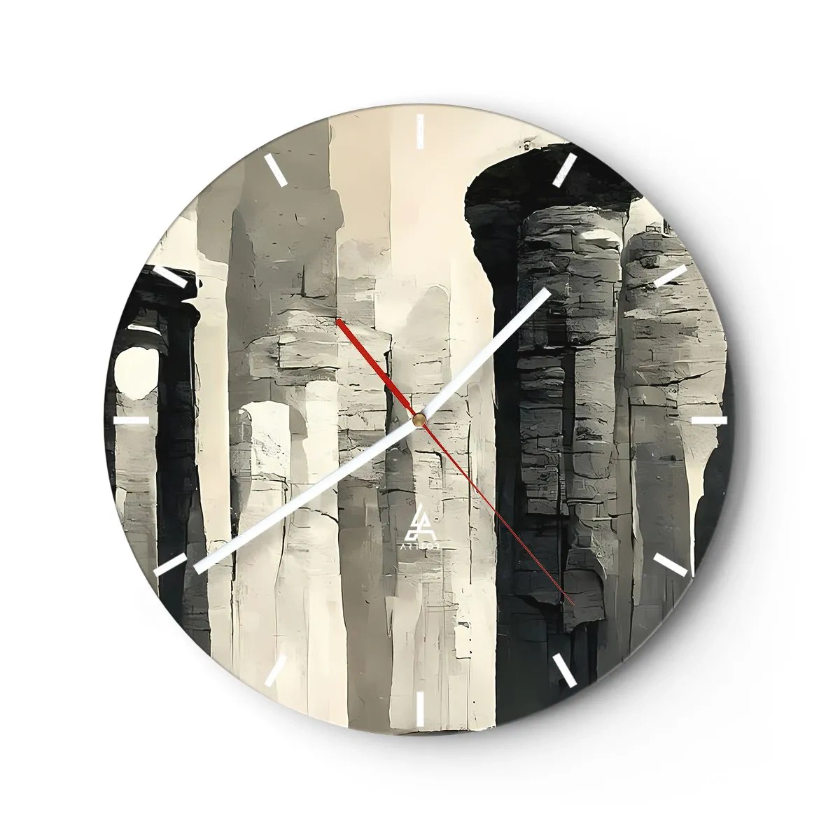 Wall clock - Clock on glass - Monumental columns in painterly beige and gray tones - 30x30cm - Majesty of Antiquity - Modern wall decoration for the living room, kitchen, and bedroom ARTTOR