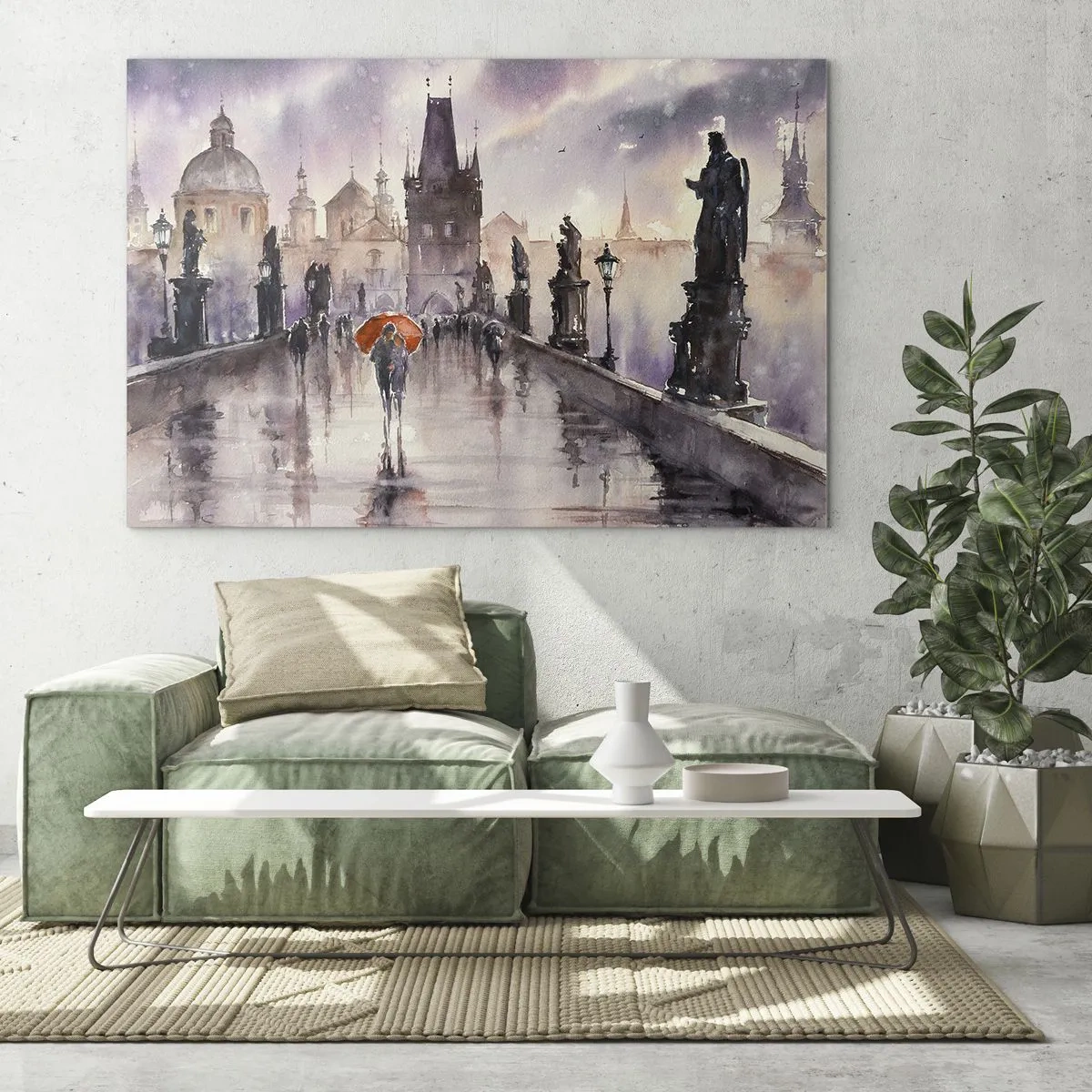 Glass picture - Walking in the rain on a bridge with an orange umbrella - 70x50cm - Peaople Don't Change - Modern wall decoration for the living room and bedroom ARTTOR