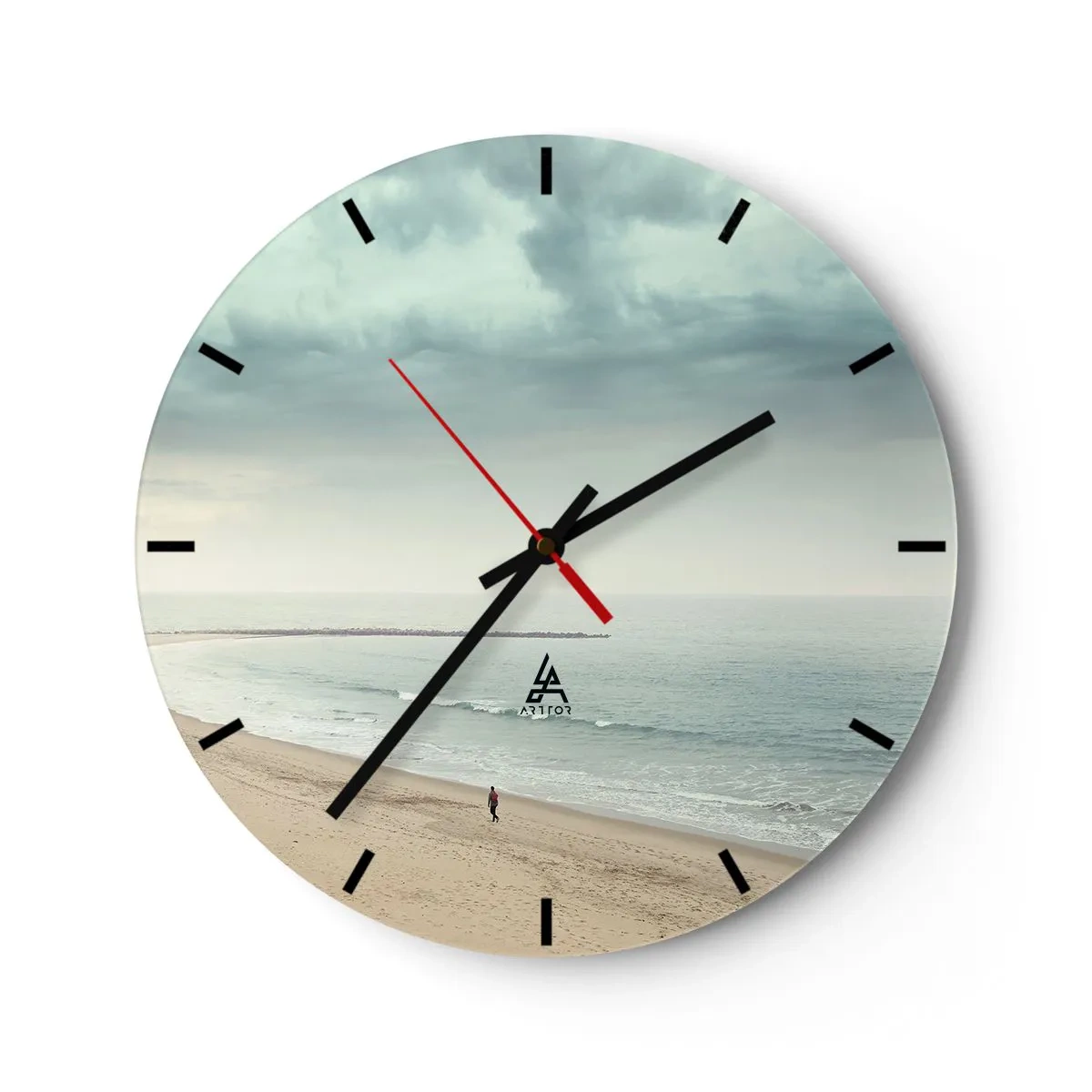 Wall clock - Clock on glass - A lonely figure walks along the seashore under a cloudy sky. - 30x30cm - In Search of Quiet - Modern wall decoration for the living room, kitchen, and bedroom ARTTOR