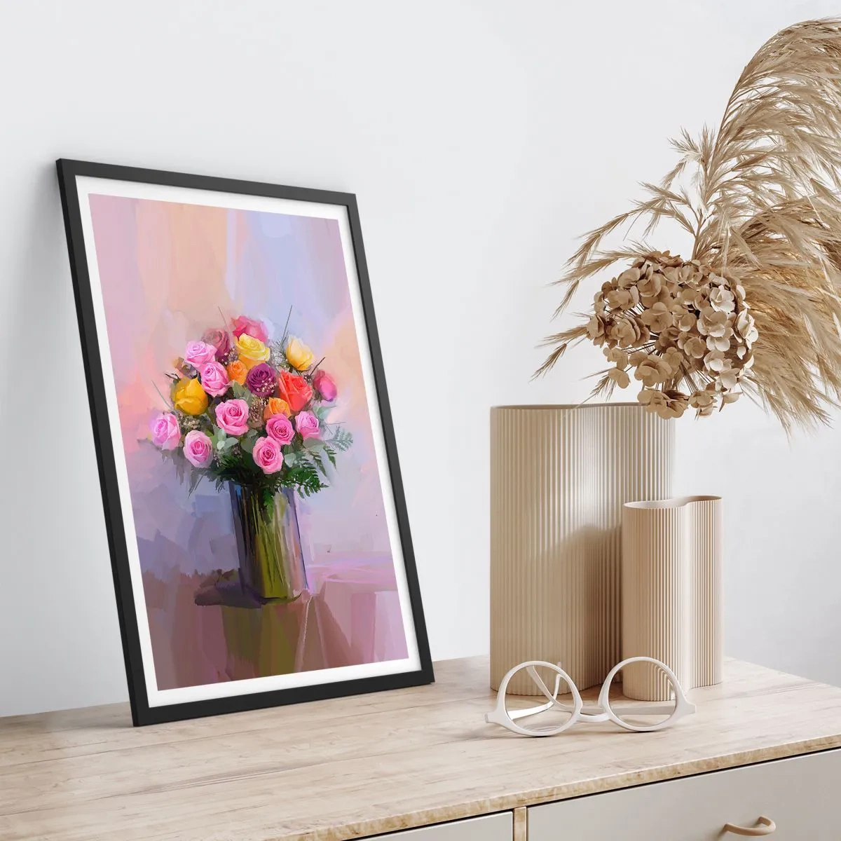 Poster in black frame - A bouquet of roses and flowers in a glass vase - 50x70cm - Retained Beauty - Modern wall decoration for the living room and bedroom ARTTOR