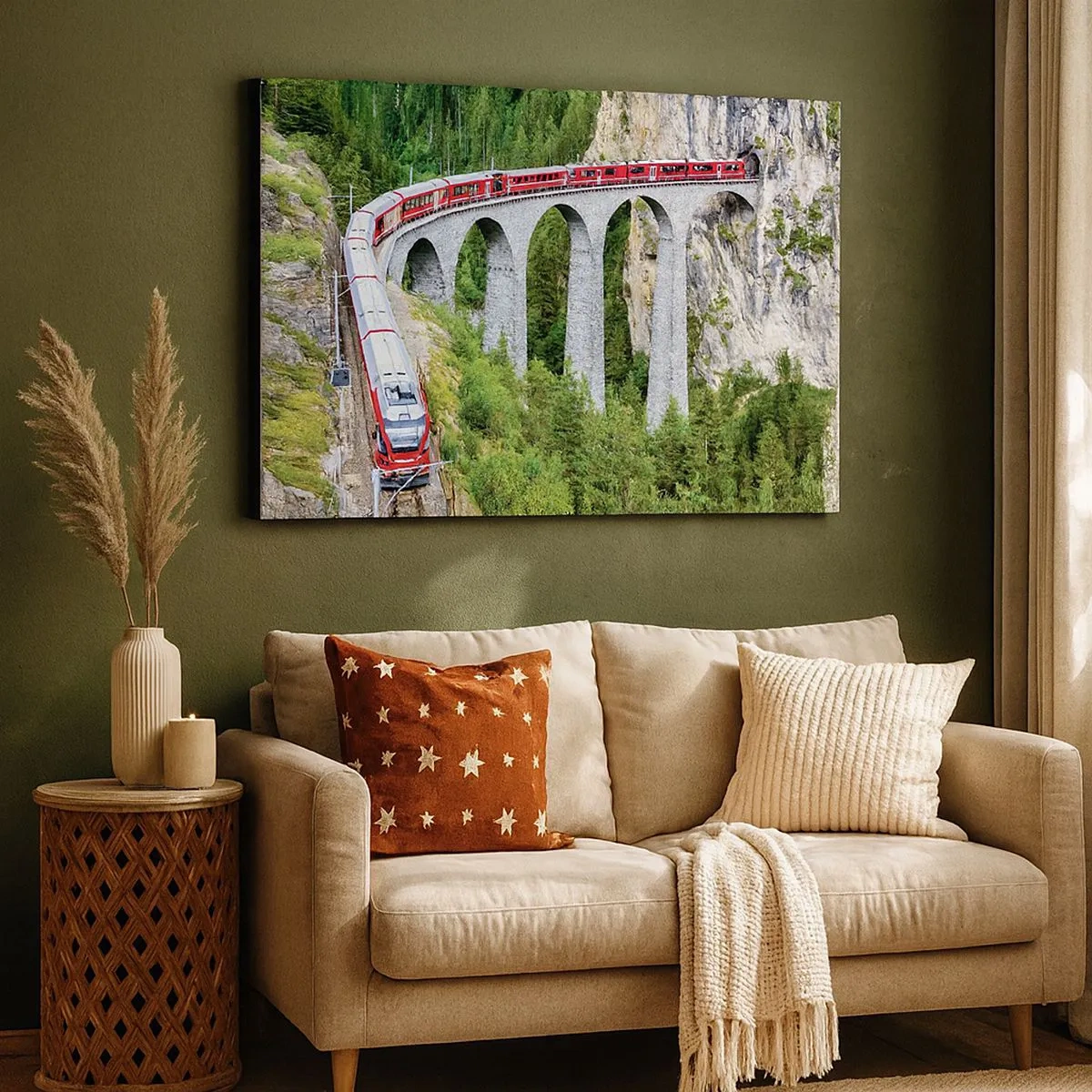 Canvas picture - A train on a picturesque viaduct in a mountainous landscape - 70x50cm - Time for Mountin Views - Modern wall decoration for the living room and bedroom ARTTOR