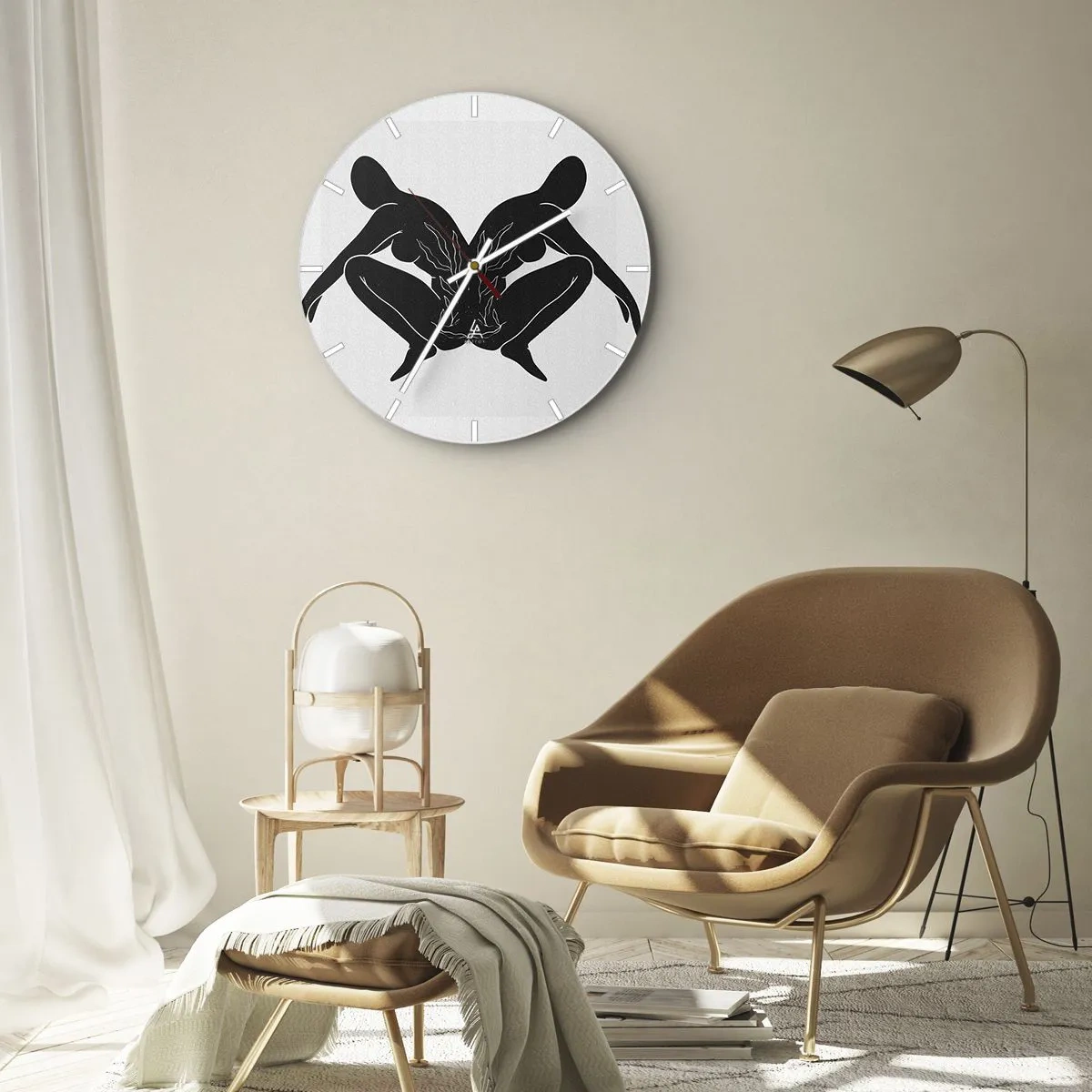 Wall clock - Clock on glass - Symmetrical figures in black forming a heart with fire in the center on a light background. - 30x30cm - Mutual Soul - Modern wall decoration for the living room, kitchen, and bedroom ARTTOR