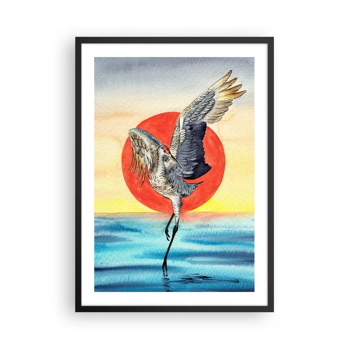 Poster in black frame - A crane hovering over the water against a red sun - 50x70cm - Time to Go Back - Modern wall decoration for the living room and bedroom ARTTOR
