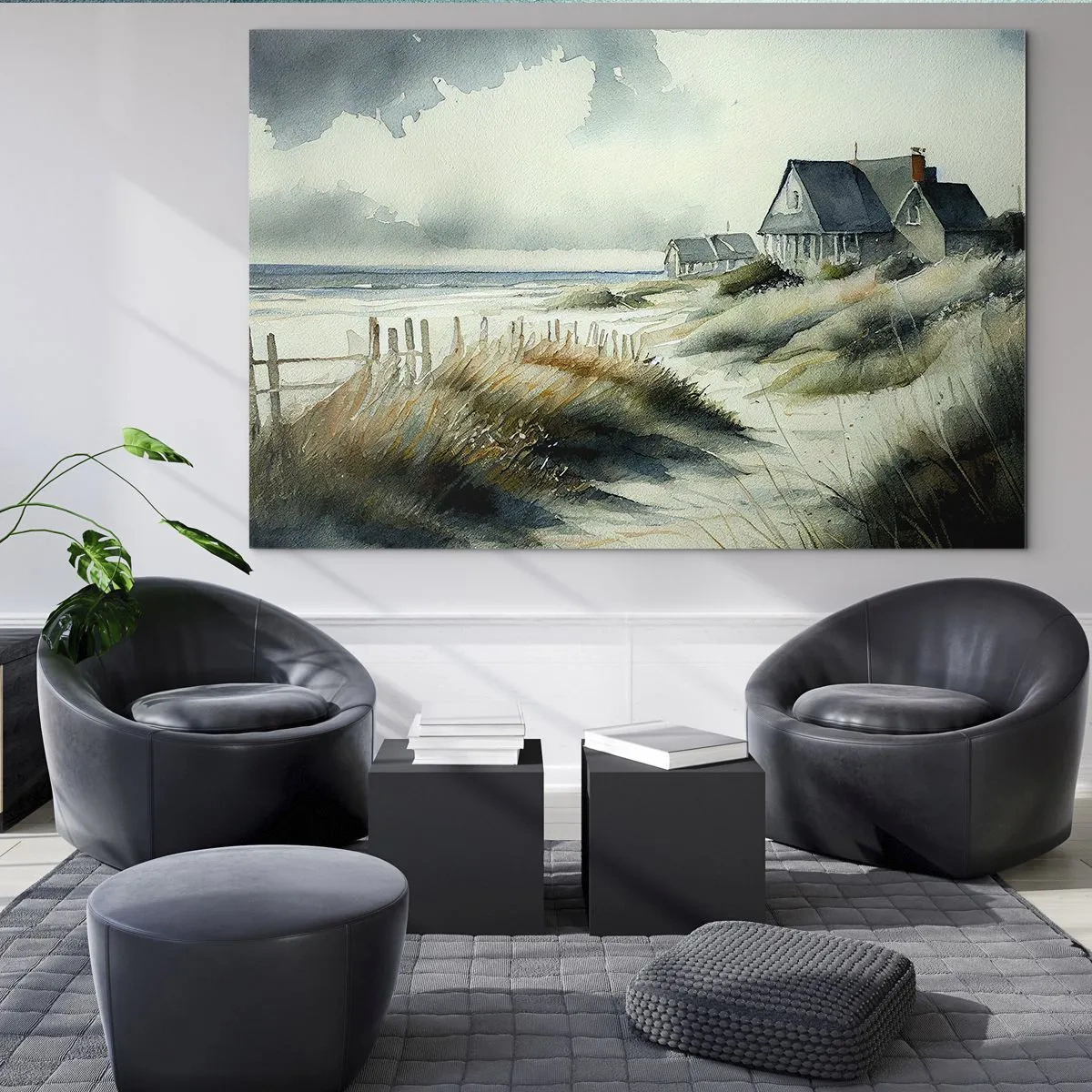 Glass picture - Beachfront dune houses under a cloudy sky - 70x50cm - Away from the Hustle and Bustle - Modern wall decoration for the living room and bedroom ARTTOR