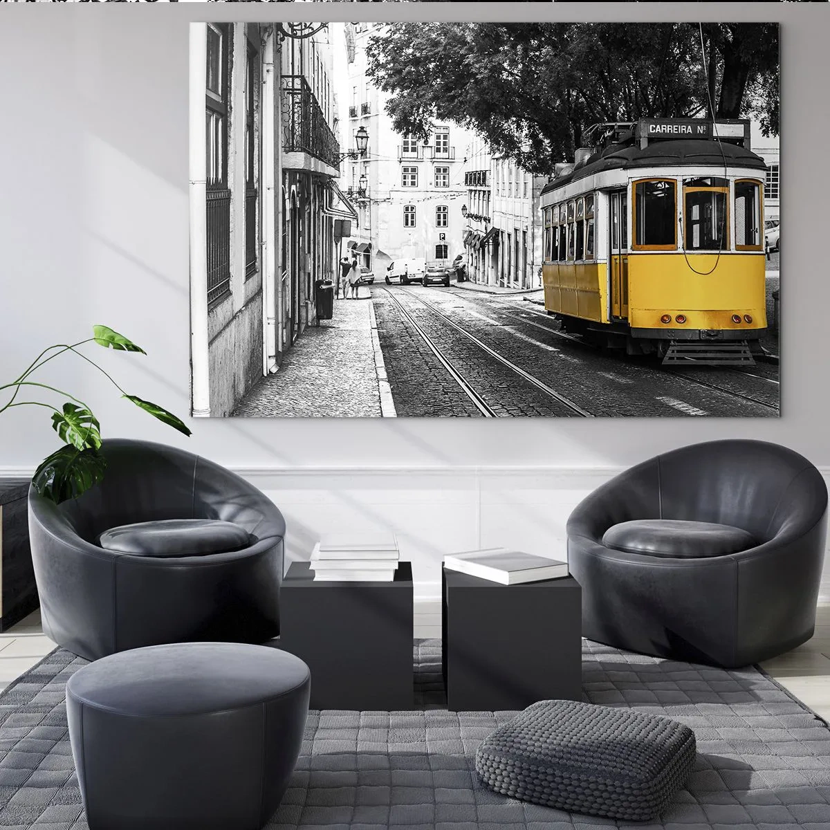 Glass picture - A yellow tram against the backdrop of a black-and-white street - 70x50cm - With Fado in the Background - Modern wall decoration for the living room and bedroom ARTTOR