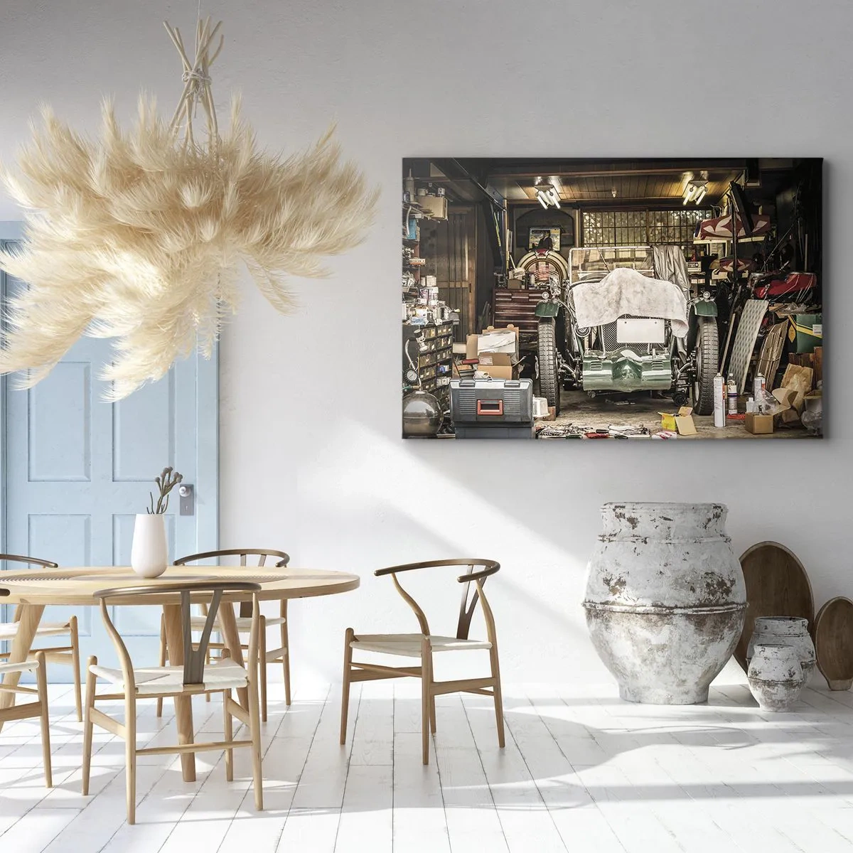 Canvas picture - An old car in a garage surrounded by tools and equipment - 70x50cm - Back to the Past - Modern wall decoration for the living room and bedroom ARTTOR