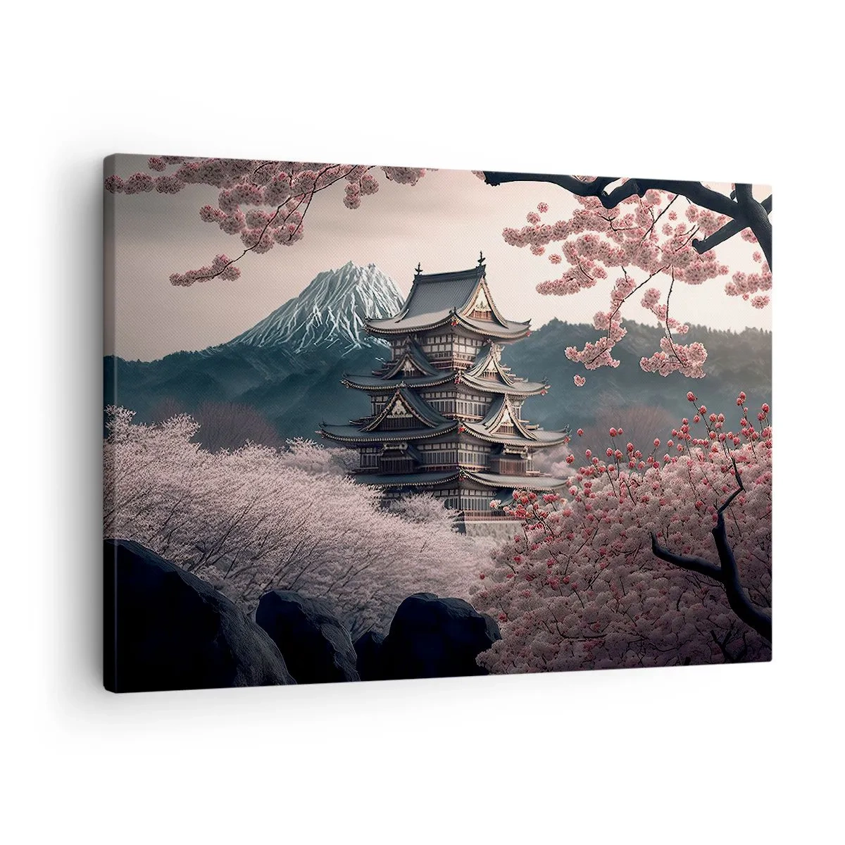 Canvas picture - Japanese temple surrounded by cherry blossoms and mountains - 70x50cm - Land of Cherry Blossoms - Modern wall decoration for the living room and bedroom ARTTOR