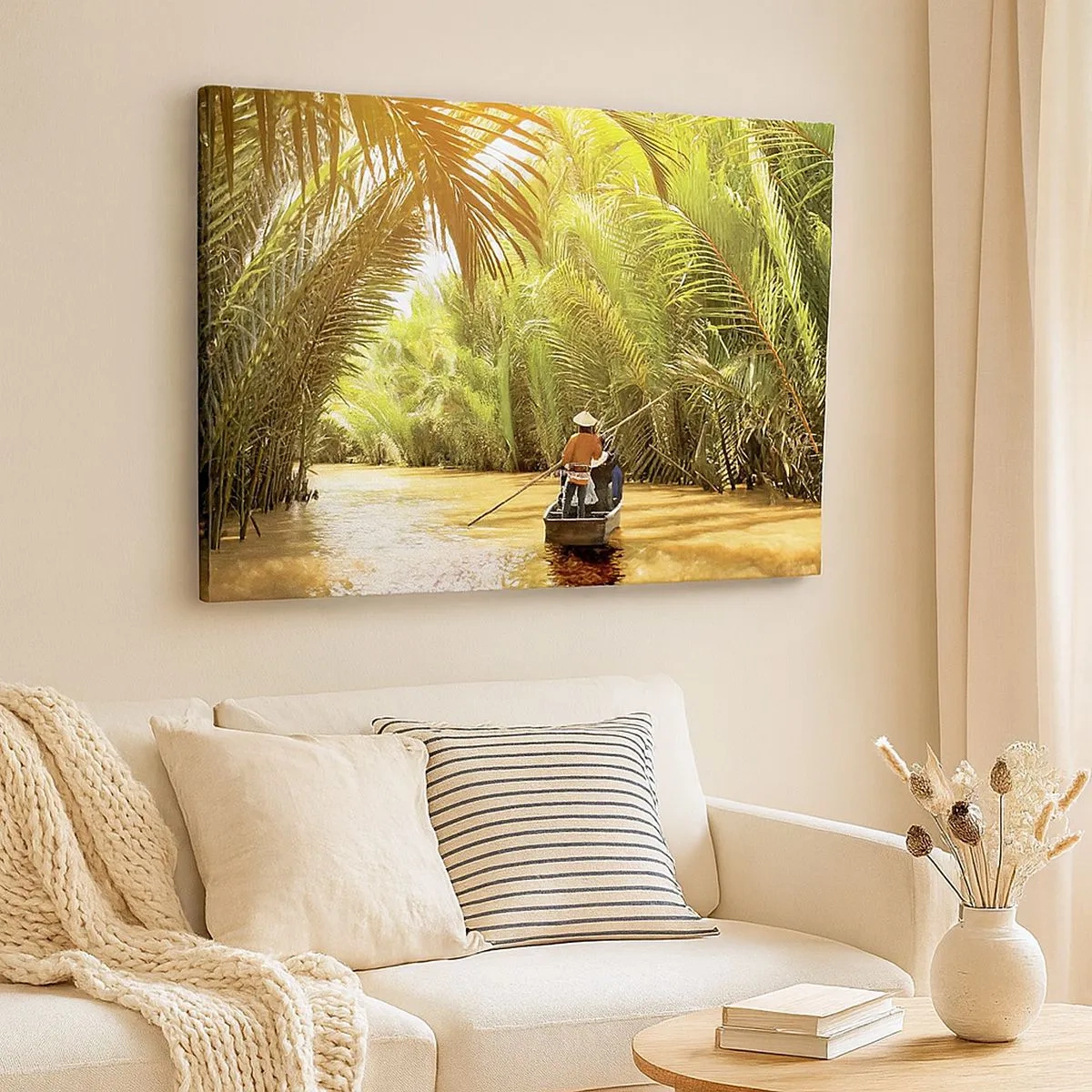 Canvas picture - A boat on a river surrounded by tropical vegetation - 70x50cm - Through a Palm Ravine - Modern wall decoration for the living room and bedroom ARTTOR