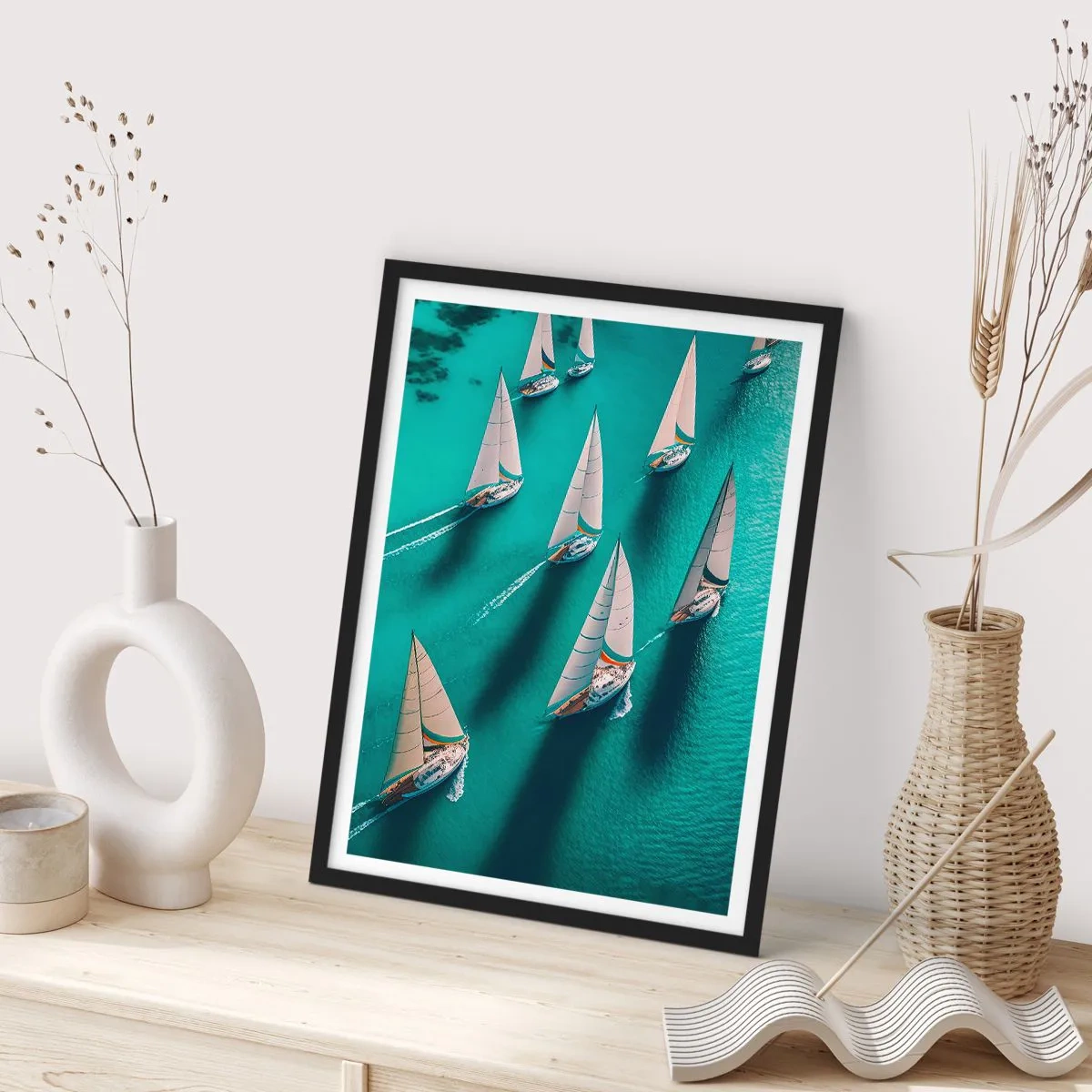 Poster in black frame - Sailing regatta on turquoise water - 50x70cm - Competing with the Wind - Modern wall decoration for the living room and bedroom ARTTOR