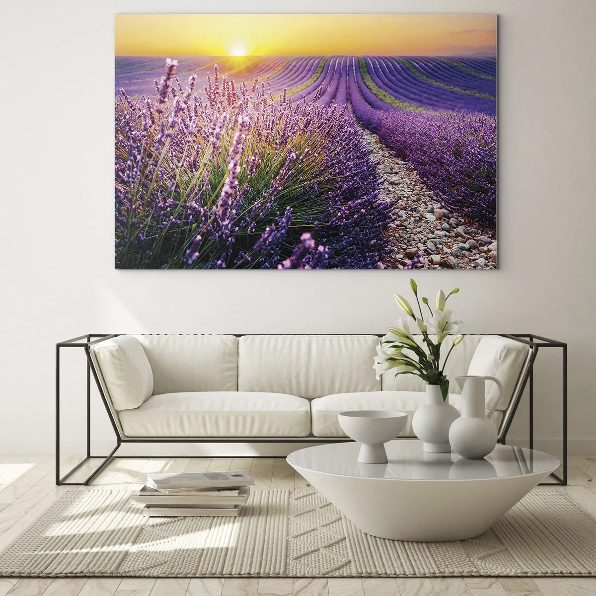 Glass picture - Lavender field at sunrise with a rocky path - 70x50cm - Fragrant Field - Modern wall decoration for the living room and bedroom ARTTOR