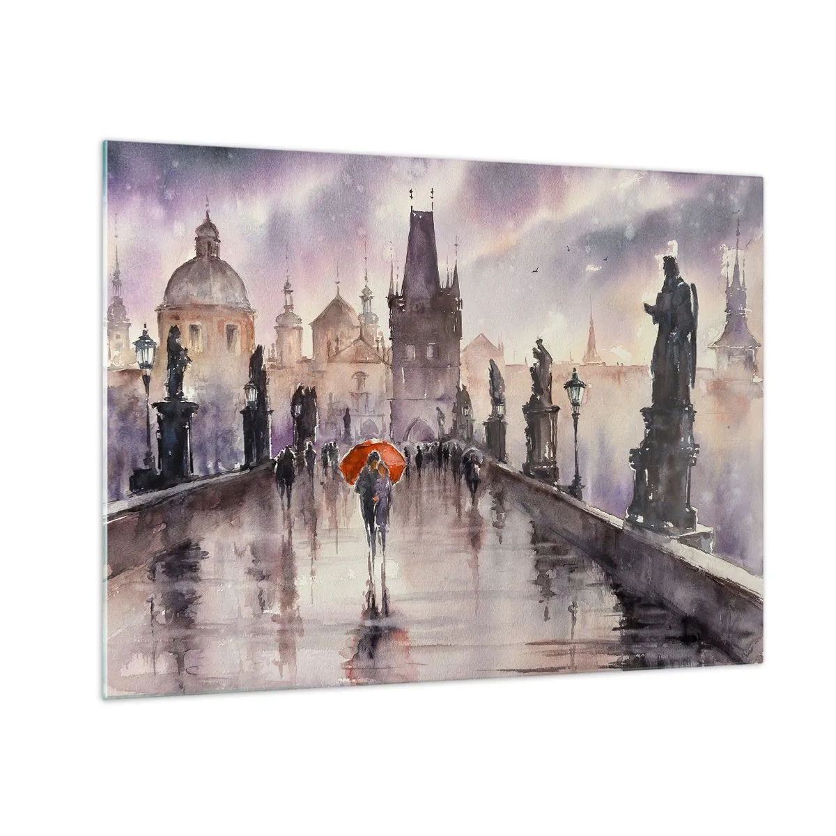 Glass picture - Walking in the rain on a bridge with an orange umbrella - 70x50cm - Peaople Don't Change - Modern wall decoration for the living room and bedroom ARTTOR