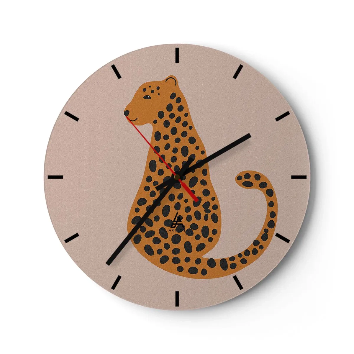 Wall clock - Clock on glass - Stylized panther on a beige background - 30x30cm - Leopard Print Is Fashionable - Modern wall decoration for the living room, kitchen, and bedroom ARTTOR