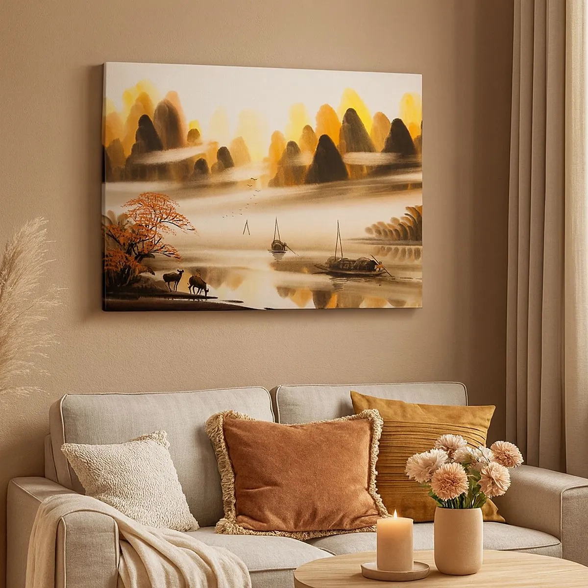 Canvas picture - An oriental landscape with a river, mountains, and a gentle fog. - 70x50cm - Further than Far East - Modern wall decoration for the living room and bedroom ARTTOR