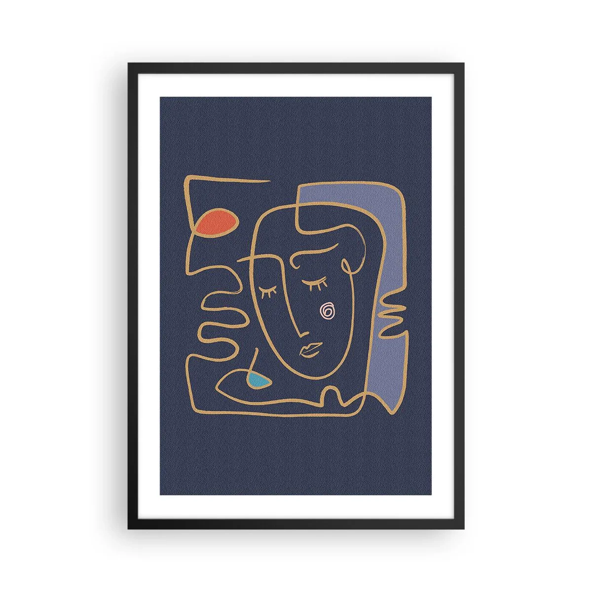 Poster in black frame - Minimalist abstract face on a navy blue background in line art style - 50x70cm - Deeply In Thoughts - Modern wall decoration for the living room and bedroom ARTTOR