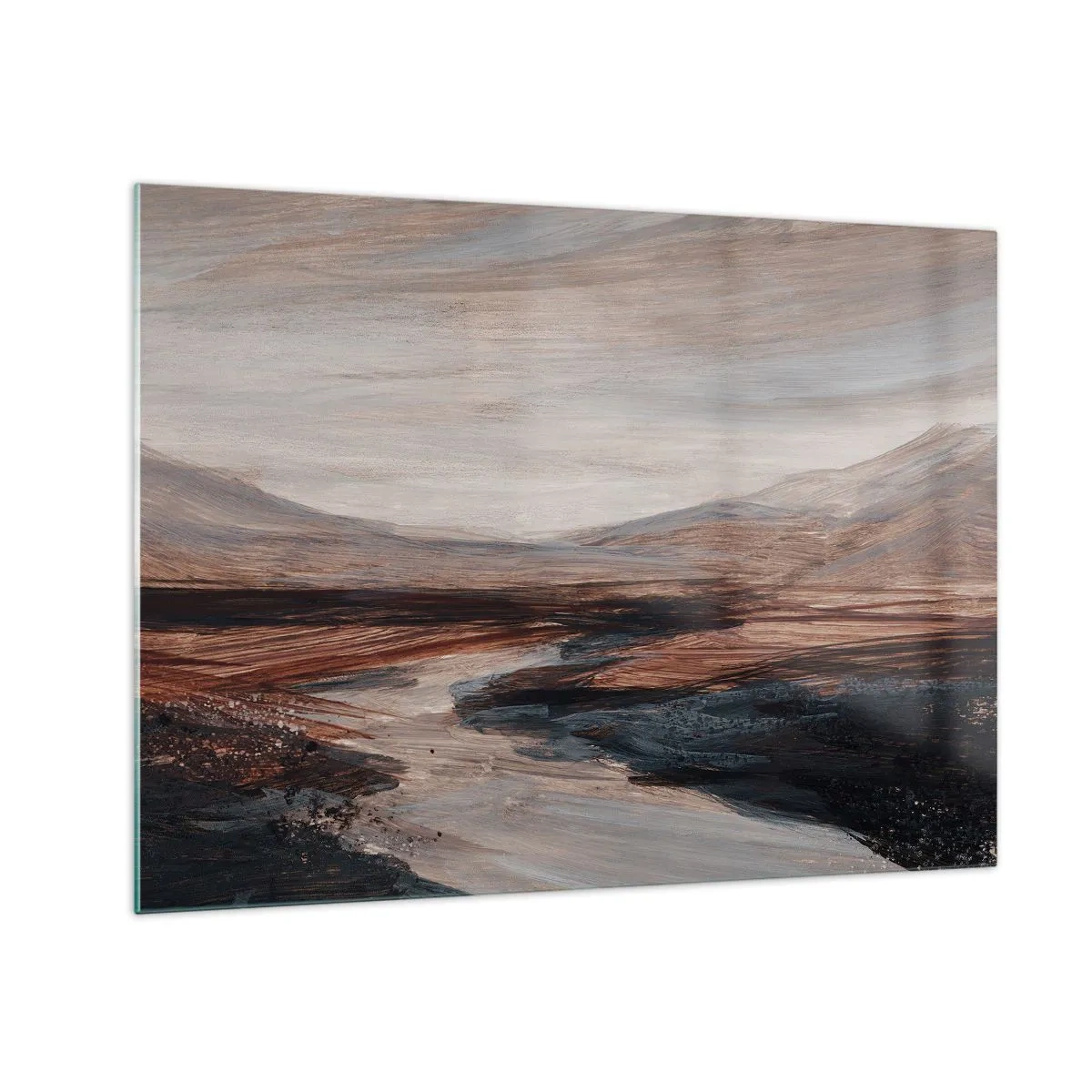 Glass picture - A picturesque valley with a river in shades of brown and blue - 70x50cm - Quiet Valley - Modern wall decoration for the living room and bedroom ARTTOR
