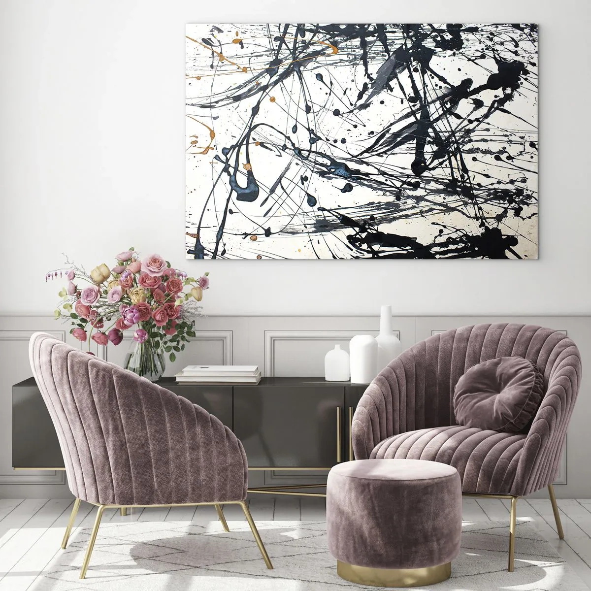 Glass picture - Dynamic paint splatters on a white background - 70x50cm - Expressionist Abstract - Modern wall decoration for the living room and bedroom ARTTOR
