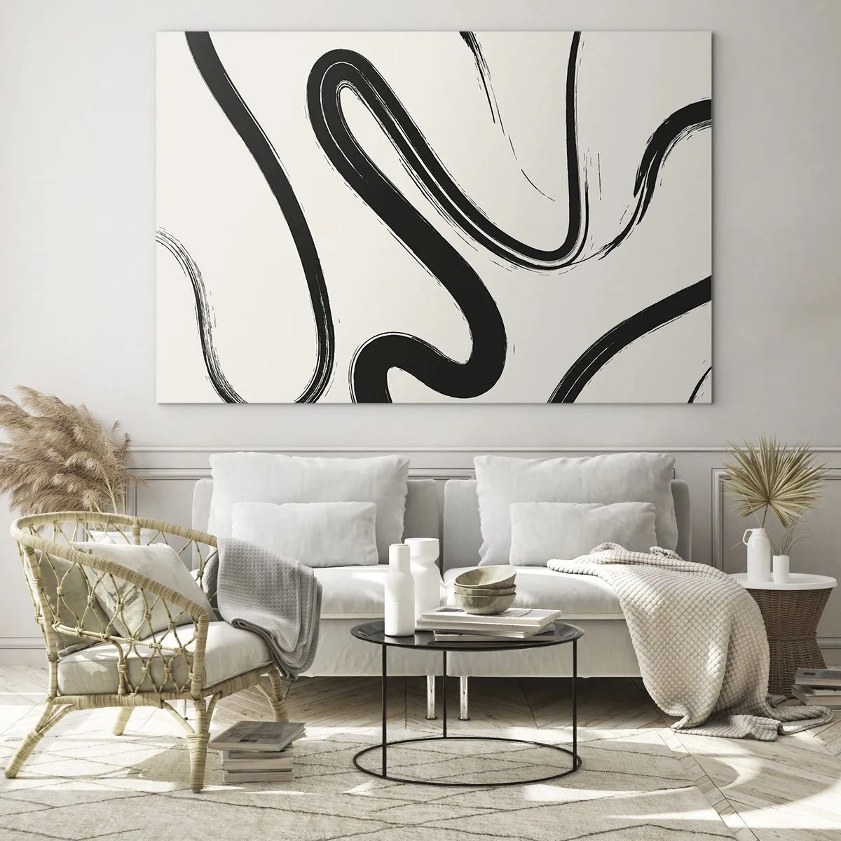 Glass picture - Dynamic black lines on a light background in an abstract style. - 70x50cm - Black and White Fancy - Modern wall decoration for the living room and bedroom ARTTOR