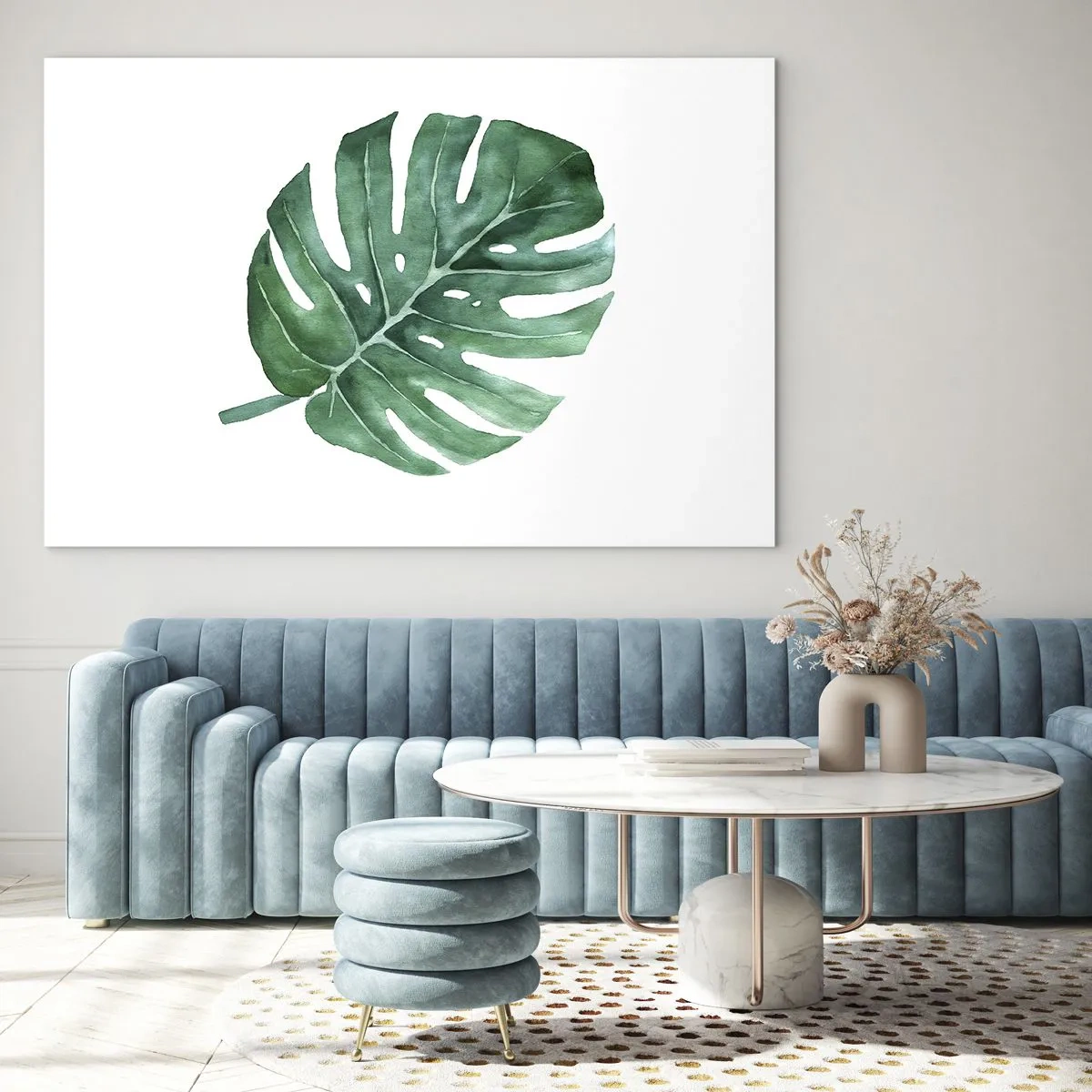 Glass picture - Green monstera leaf on a white background - 70x50cm - Green Concept - Modern wall decoration for the living room and bedroom ARTTOR
