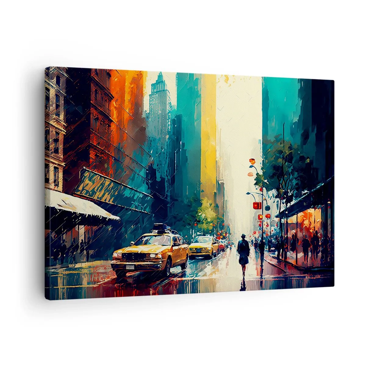 Canvas picture - A bustling city with taxis and passersby - 70x50cm - New York - Even Rain Is Colourful - Modern wall decoration for the living room and bedroom ARTTOR
