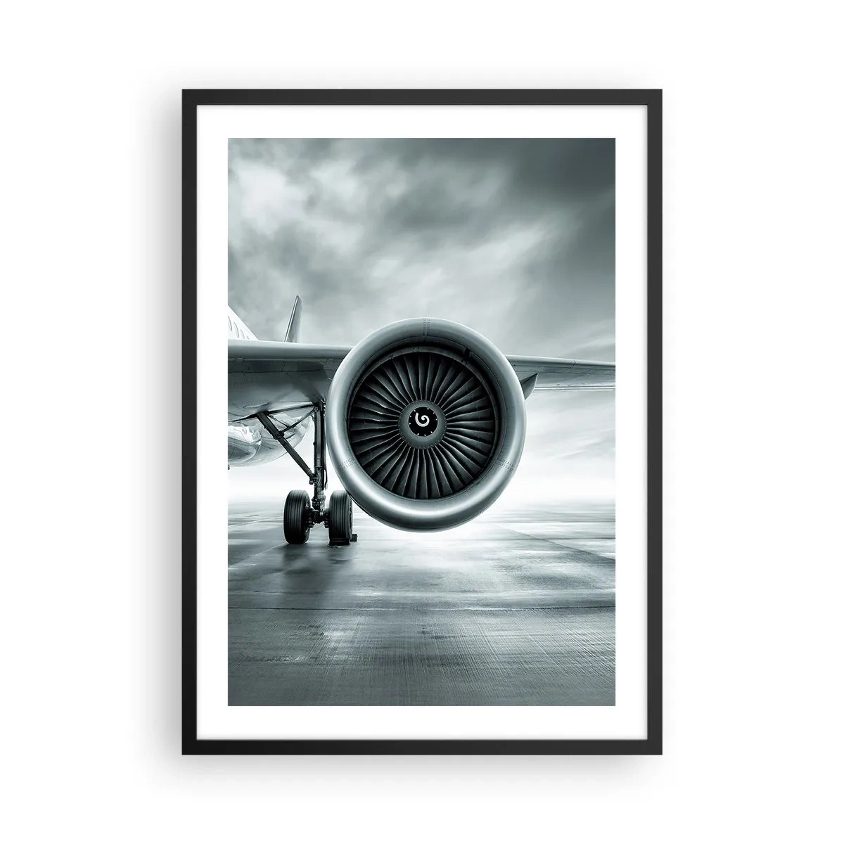 Poster in black frame - An airplane jet engine in monochrome tones - 50x70cm - There Is Power! - Modern wall decoration for the living room and bedroom ARTTOR