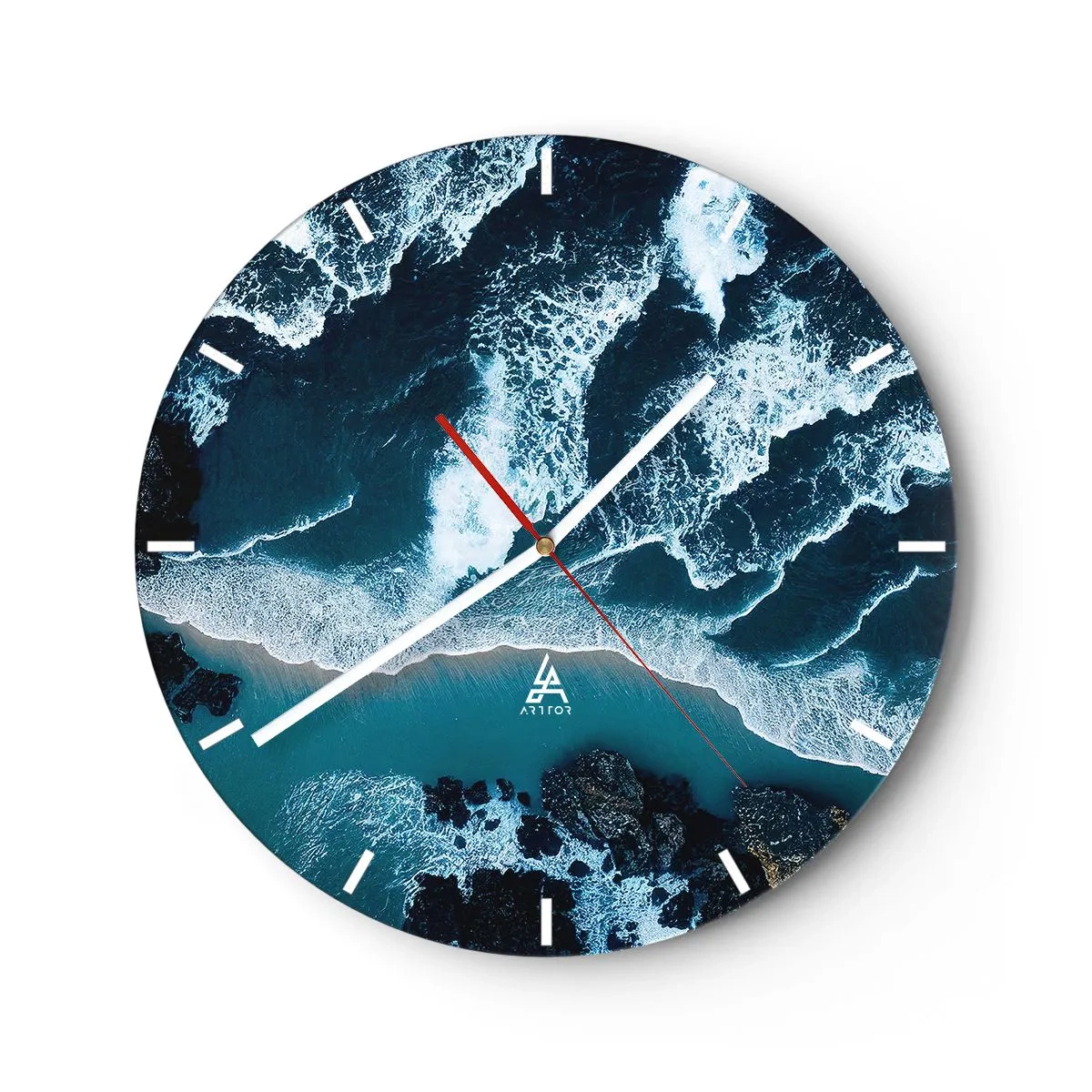 Wall clock - Clock on glass - Waves crashing onto the shore seen from a bird's eye view - 30x30cm - Envelopped by Waves - Modern wall decoration for the living room, kitchen, and bedroom ARTTOR