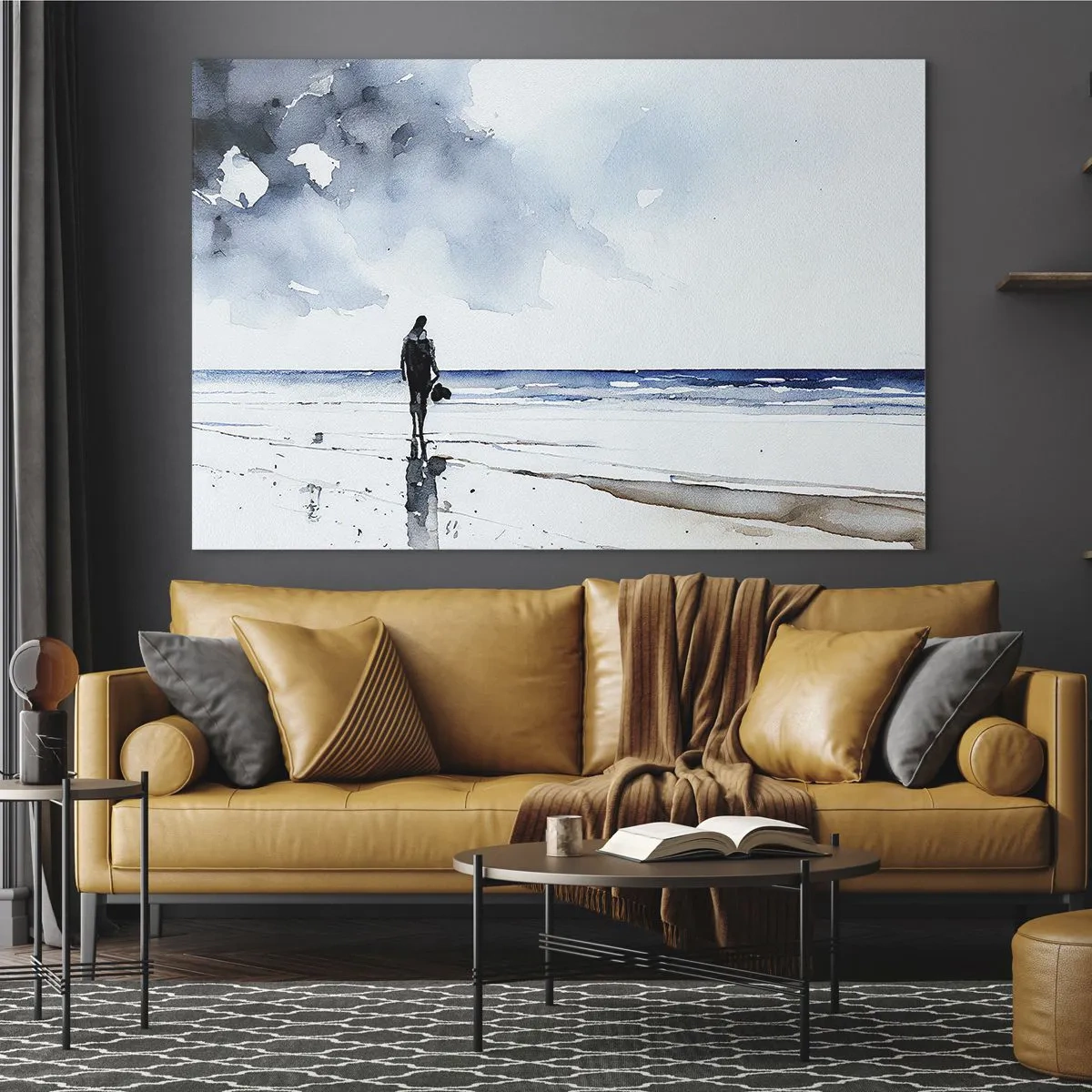 Glass picture - Silhouette of a person on the seashore in delicate watercolor - 70x50cm - Conversation with the Sea - Modern wall decoration for the living room and bedroom ARTTOR