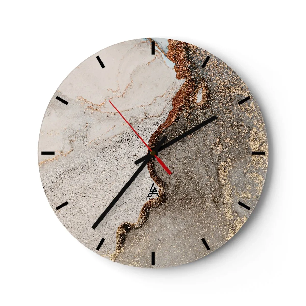 Wall clock - Clock on glass - An abstract composition in shades of gold and gray. - 30x30cm - On the Border of Colours - Modern wall decoration for the living room, kitchen, and bedroom ARTTOR