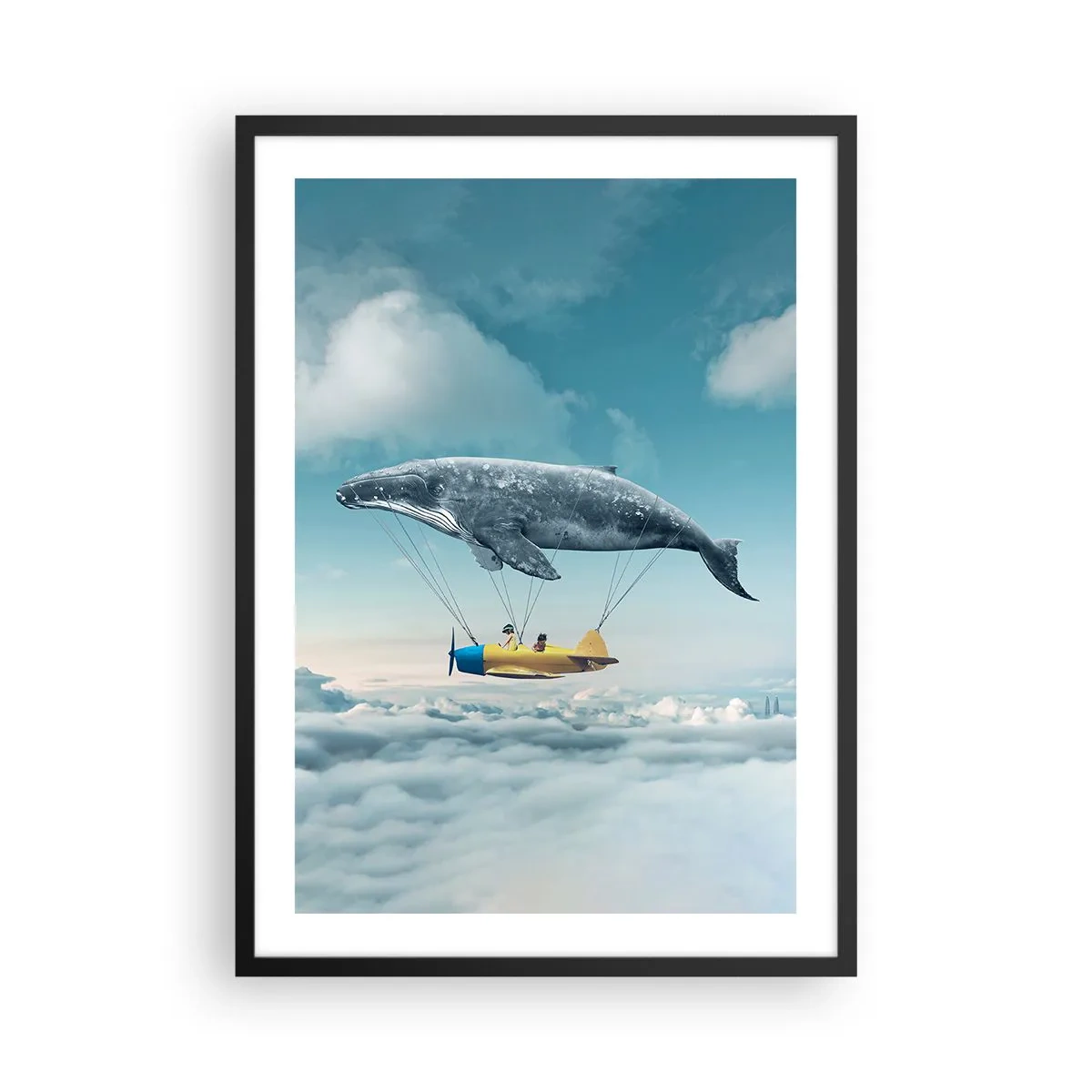 Poster in black frame - A fantastic image of a whale lifting a plane above the clouds. - 50x70cm - Why Not? - Modern wall decoration for the living room and bedroom ARTTOR